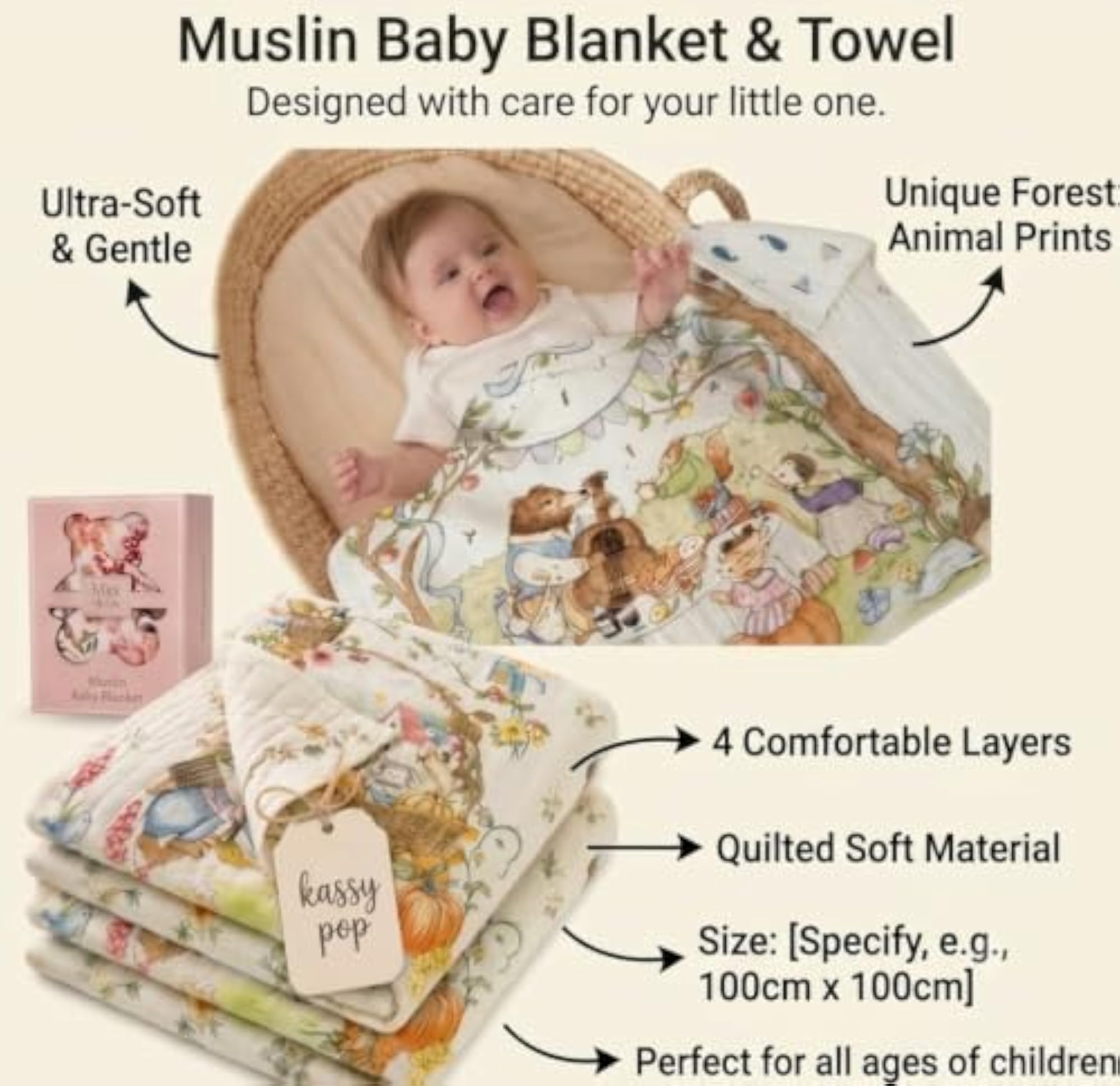 Printed Bamboo Muslin Blanket with 6 Layers, Multi-Purpose Baby Blanket